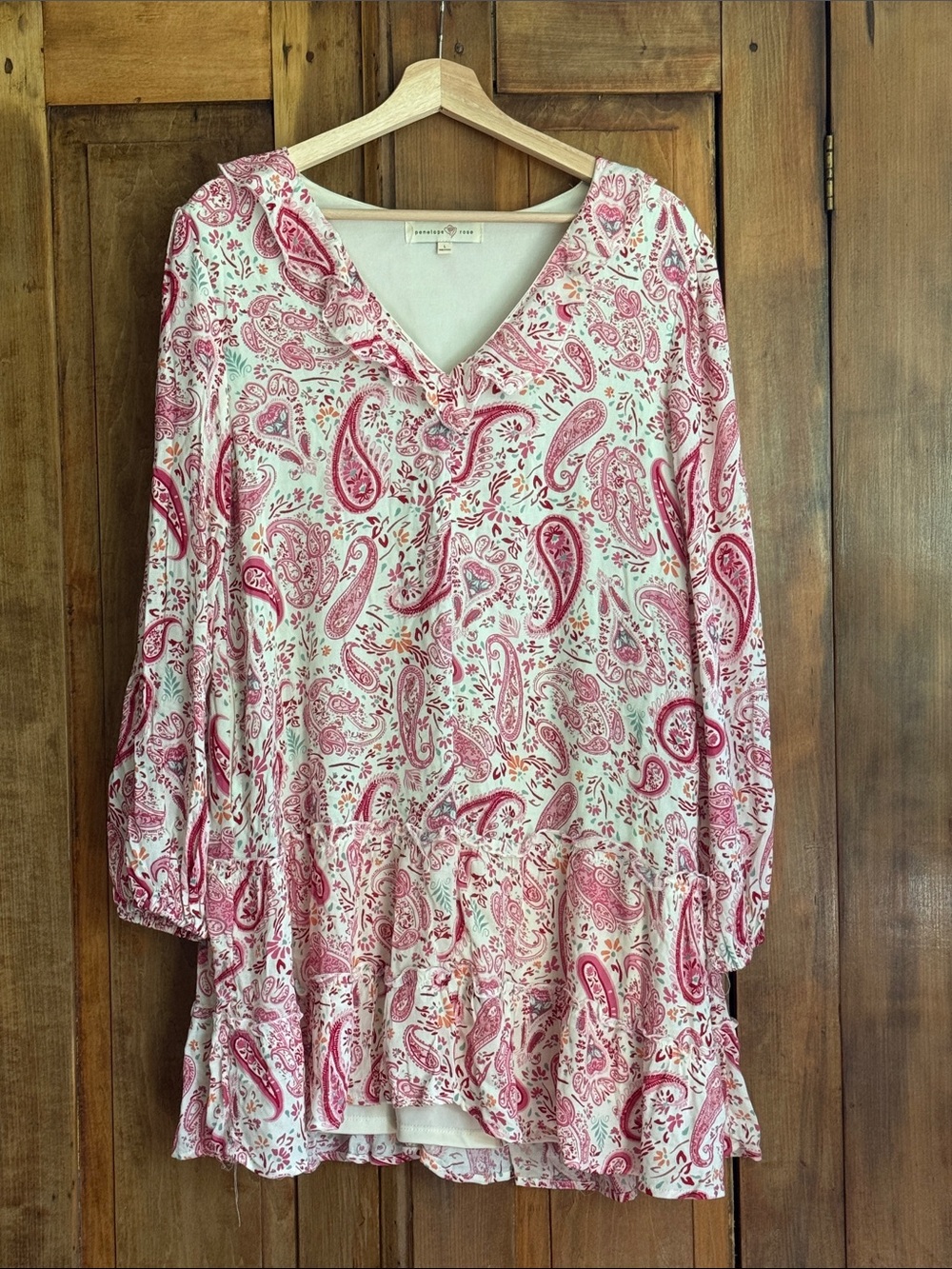 Paisley L V-Neck Tiered Tunic Pink Flowy Pockets Cottagecore Girly
